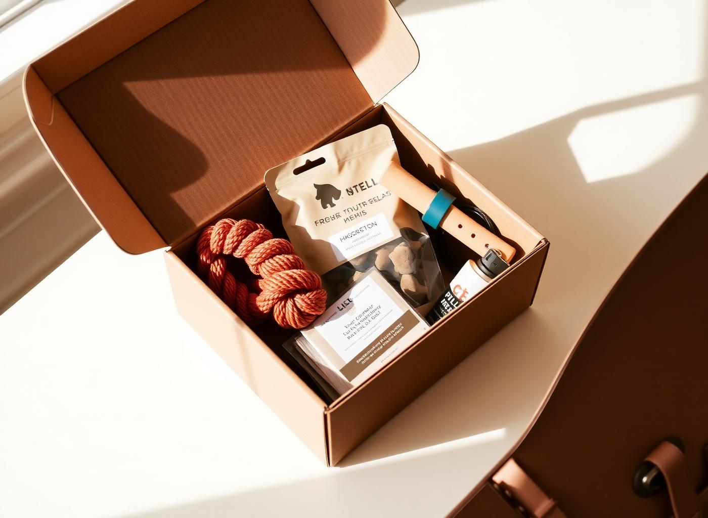 Open kraft cardboard subscription box with a rope toy, treats, and a chew